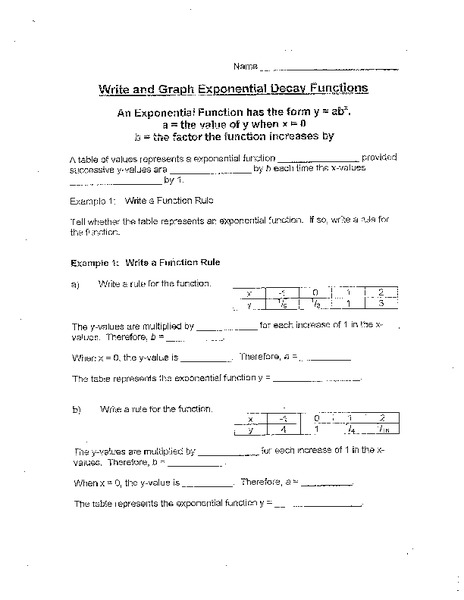 Exponential Decay Functions Worksheet