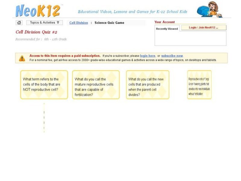 Cell Division Quiz #2 Interactive