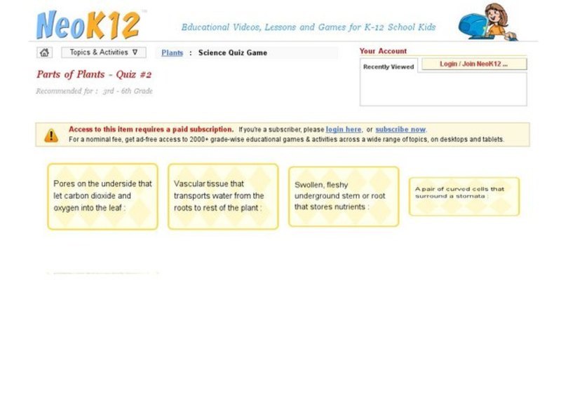 Parts of Plants Quiz #2 Interactive