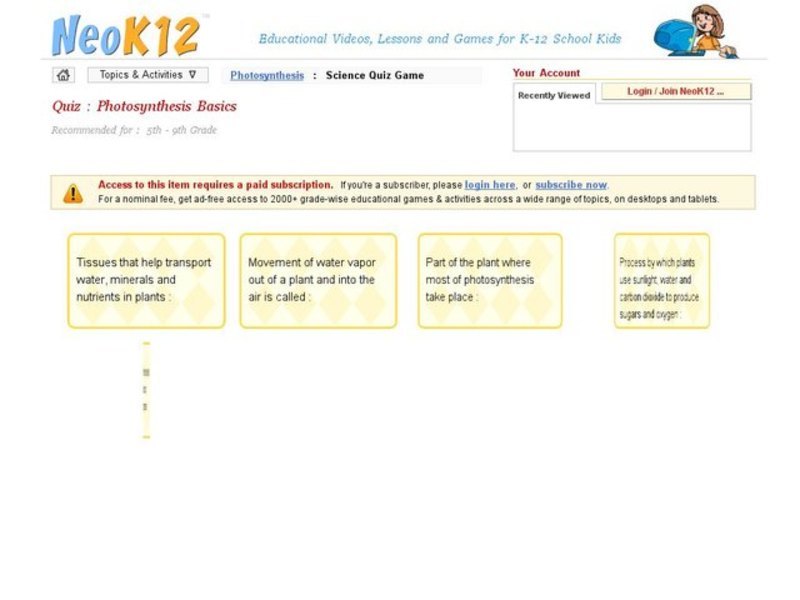 Photosynthesis Basics Quiz Game Interactive