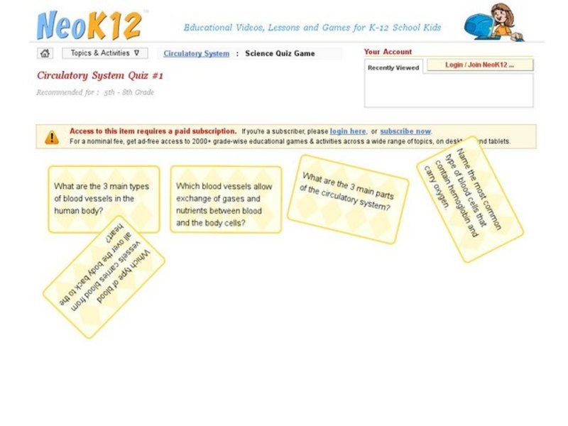 Circulatory System Quiz #1 Interactive