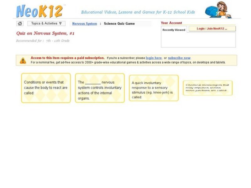 Nervous System Quiz #1 Interactive