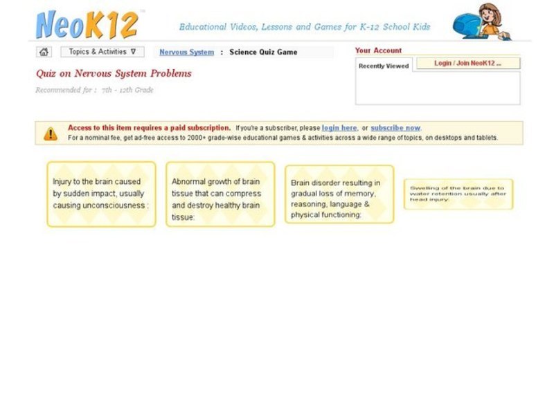 Nervous System Problems Quiz Interactive
