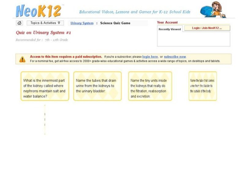 Urinary System Quiz #1 Interactive