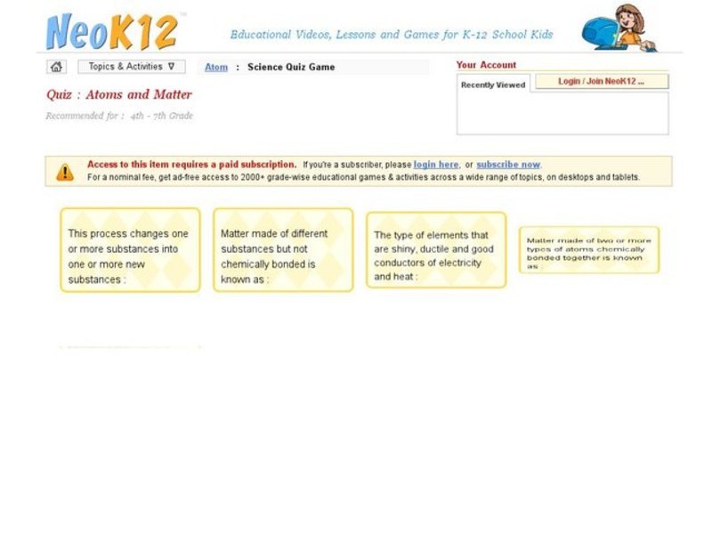 Atoms and Matter Quiz Interactive