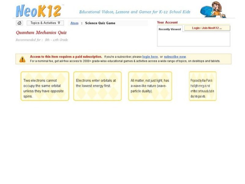 Quantum Mechanics Quiz Interactive