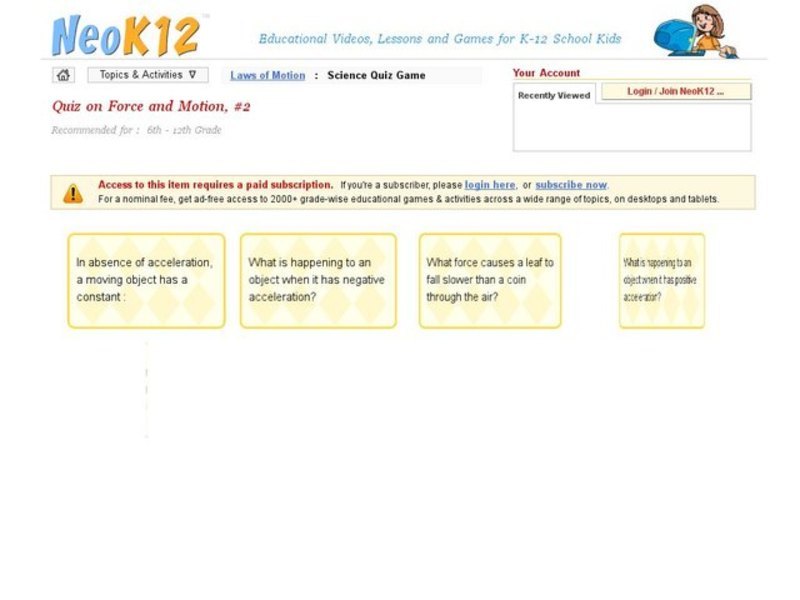 Quiz on Force and Motion #2 Interactive
