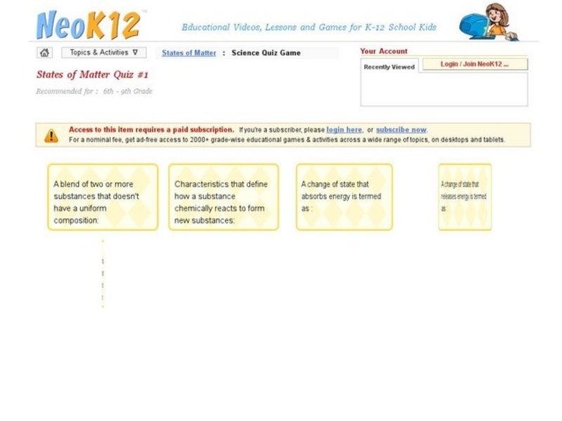 States of Matter Quiz #1 Interactive