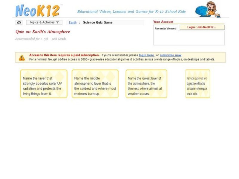 Earth's Atmosphere Quiz Interactive