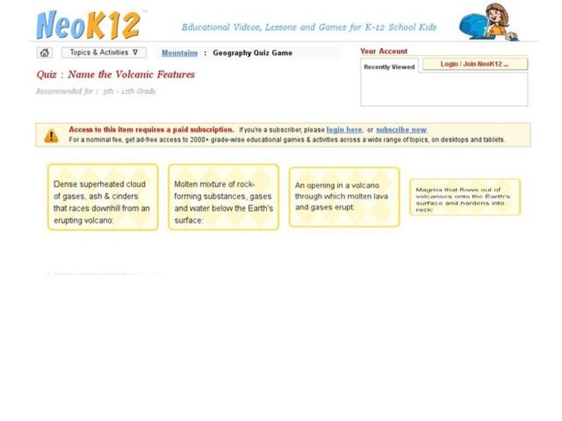 Volcanic Features Quiz Interactive