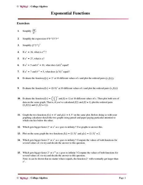 Exponential Functions Worksheet