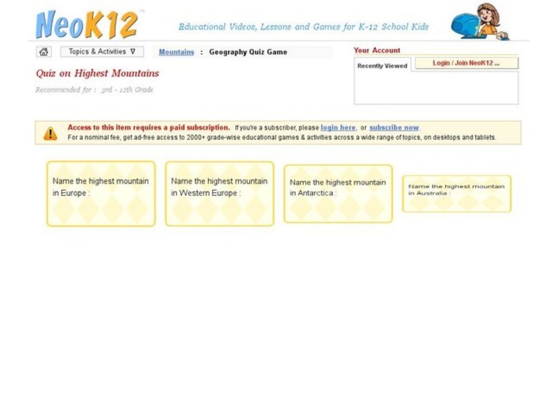 Highest Mountains Quiz Interactive