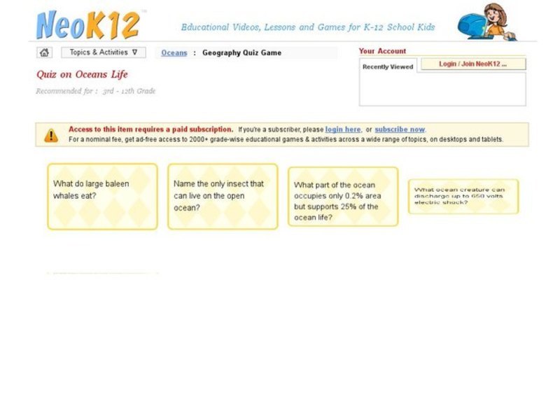 Quiz on Oceans Life Interactive