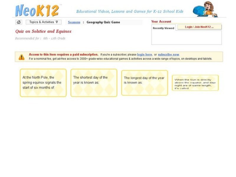 Solstice and Equinox Quiz Interactive
