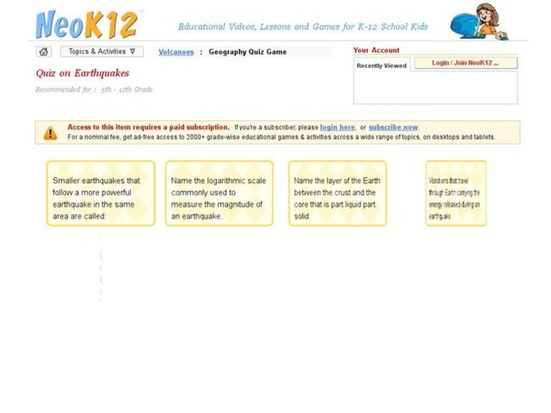 Quiz on Earthquakes Interactive