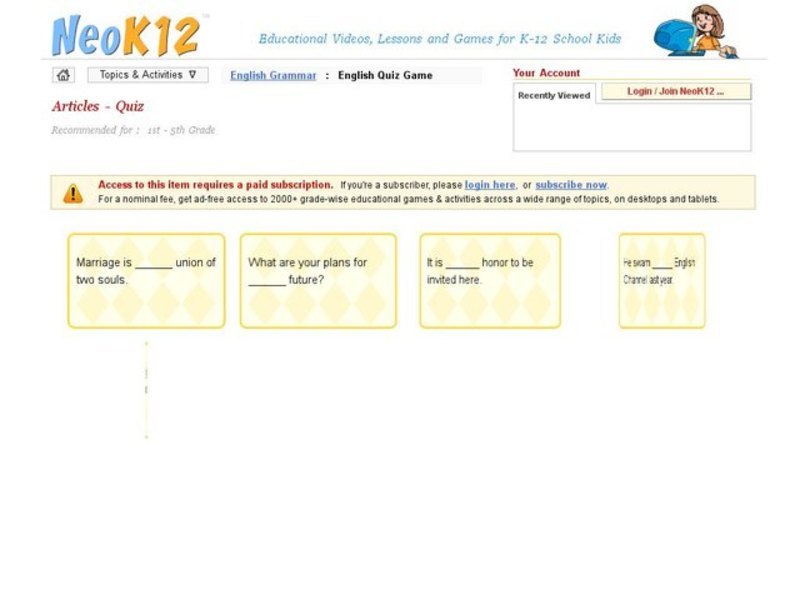 Articles Quiz Interactive