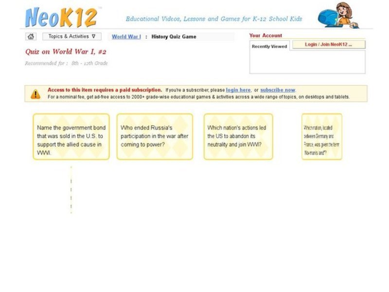Quiz on World War I, #2 Interactive