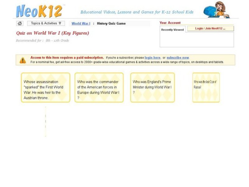World War I Key Figures Quiz Interactive