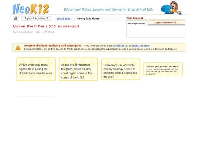 Quiz on World War I [U.S. Involvement] Interactive