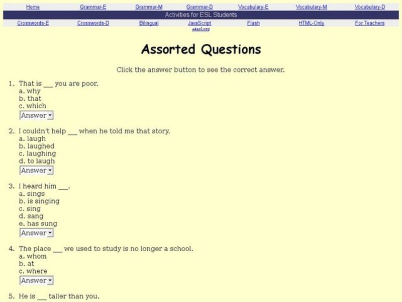 Assorted Questions: ESL Online Quiz Interactive