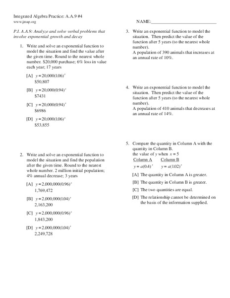 Exponential Growth and Decay Worksheet