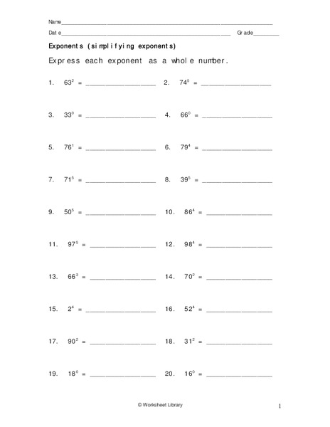 Exponents Worksheet