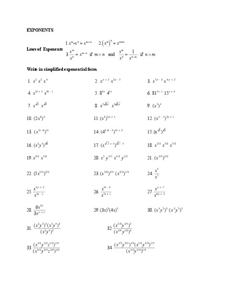 Exponents Worksheet