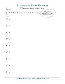 Exponents in Factor Form Worksheet