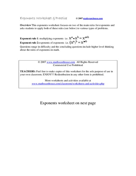 Exponents Worksheet Worksheet
