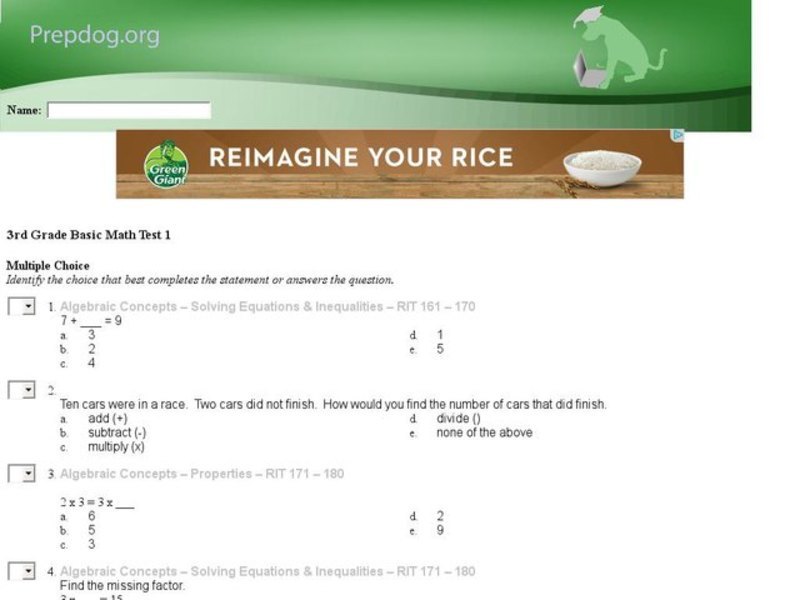 Grade 3 Basic Math 1 Interactive