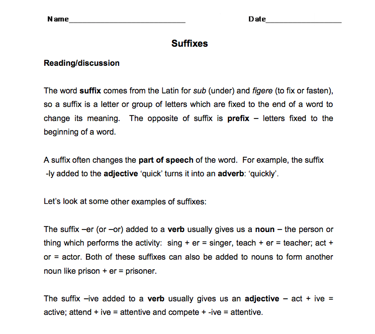 Suffixes Worksheet