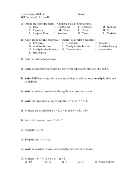Expressions Worksheet