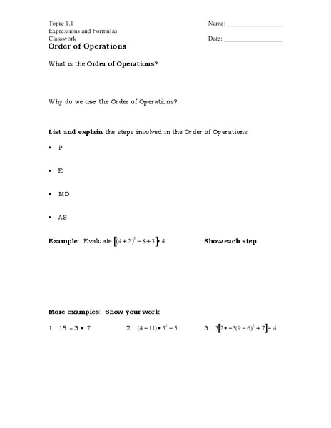 Expressions and Formulas Worksheet