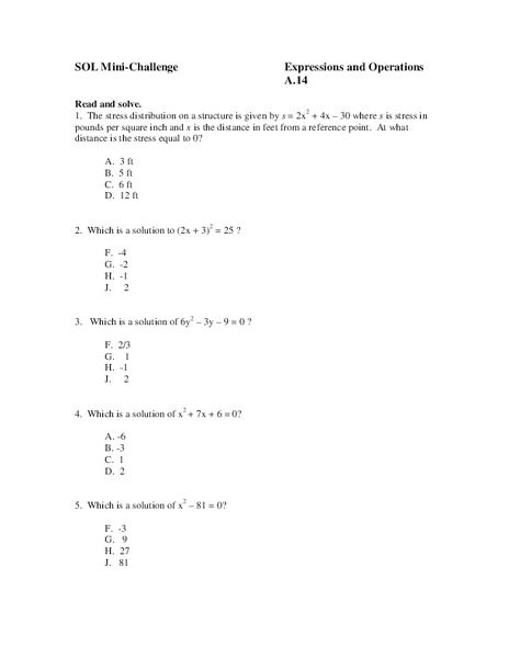 Expressions and Operations Worksheet
