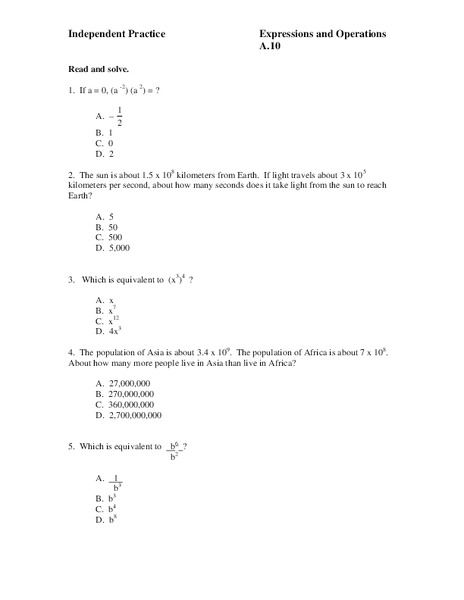 Expressions and Operations Worksheet