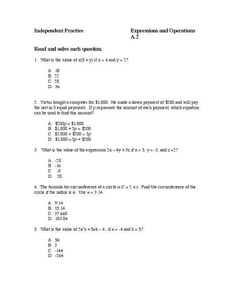Expressions and Operations Worksheet