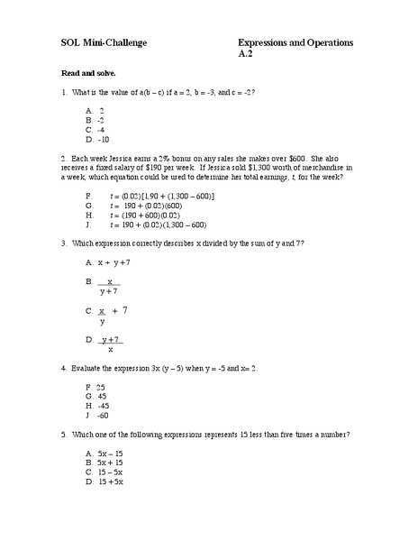 Expressions and Operations Worksheet