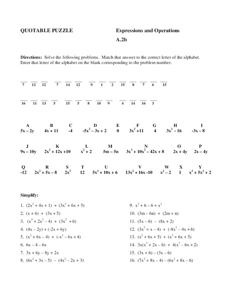 Expressions and Operations Worksheet