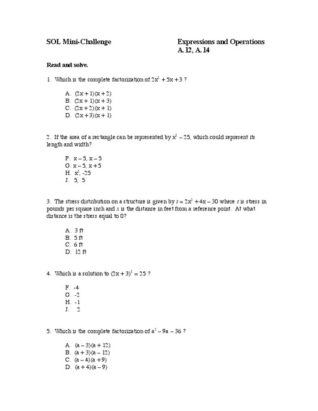 Expressions and Operations Worksheet