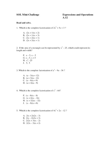 Expressions and Operations Worksheet