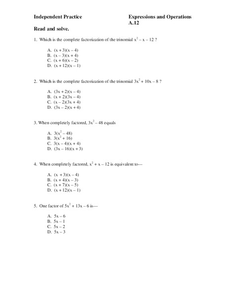 Expressions and Operations Worksheet