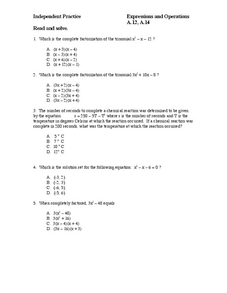 Expressions and Operations Worksheet