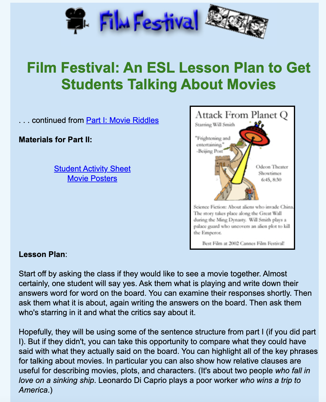 Film Festival: An ESL Lesson Plan to Get Students Talking About Movies Lesson Plan