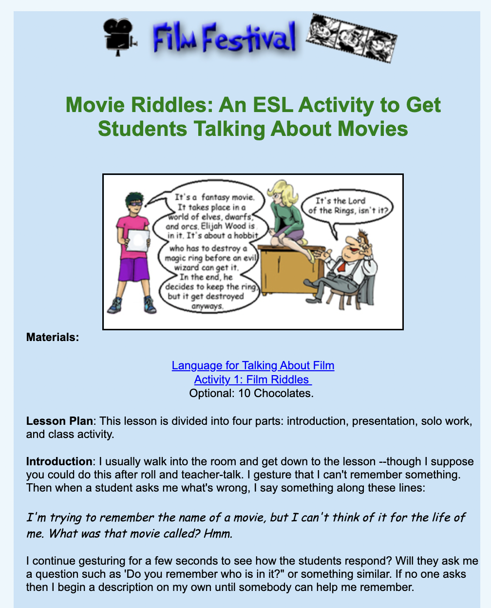 Movie Riddles: An ESL Activity to Get Student Talking About Movies Lesson Plan
