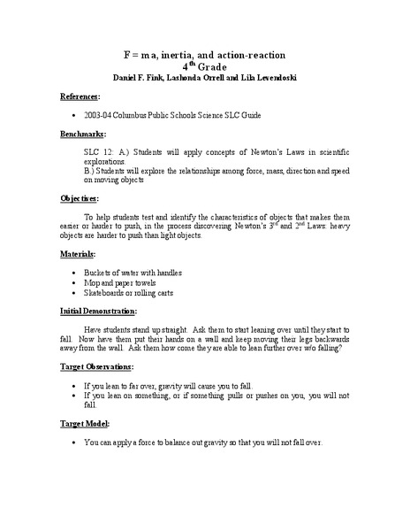 F = Ma, Inertia, And Action-reaction Lesson Plan