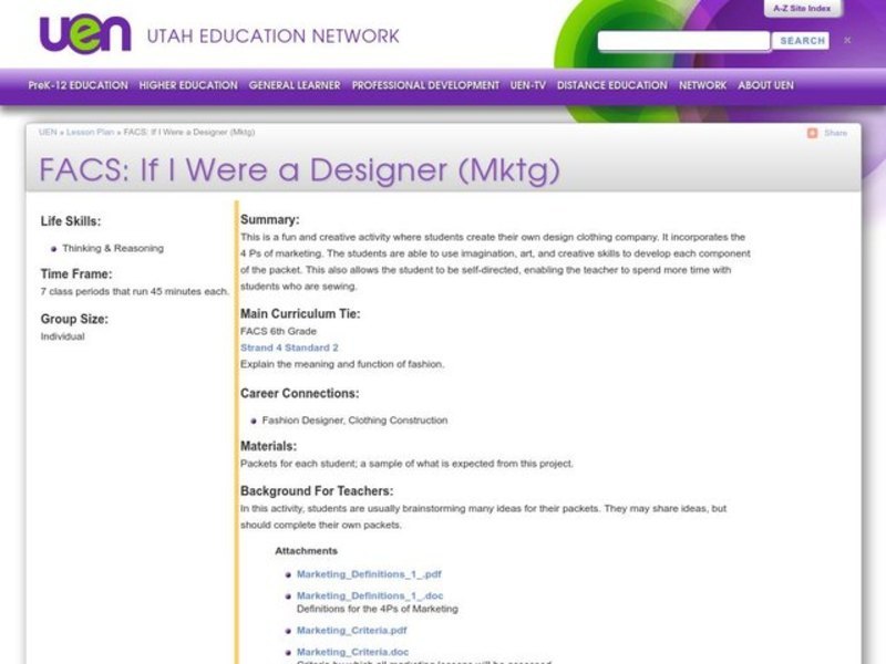 FACS:If I Were a Designer (Mktg) Lesson Plan