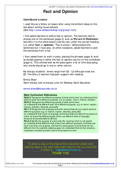 Fact and Opinion Worksheet