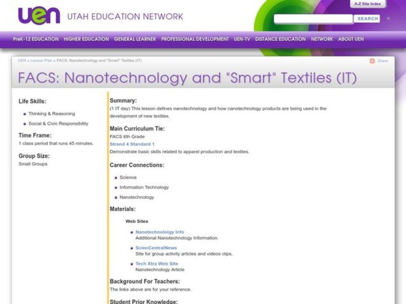 FACS:Nanotechnology and "Smart" Textiles (IT) Lesson Plan