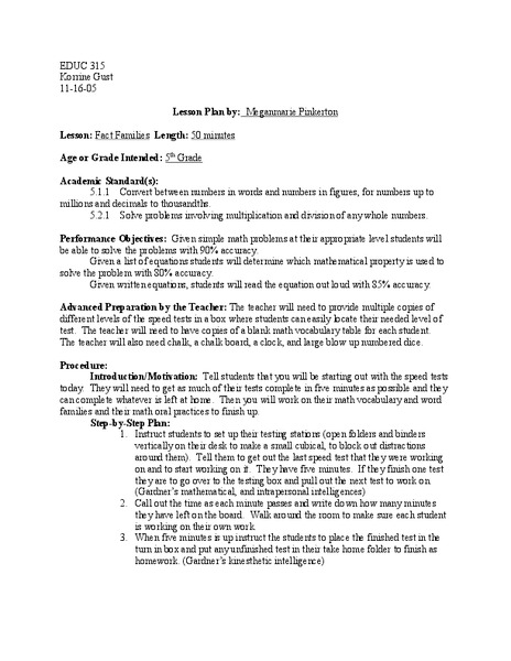 Fact Families Lesson Plan