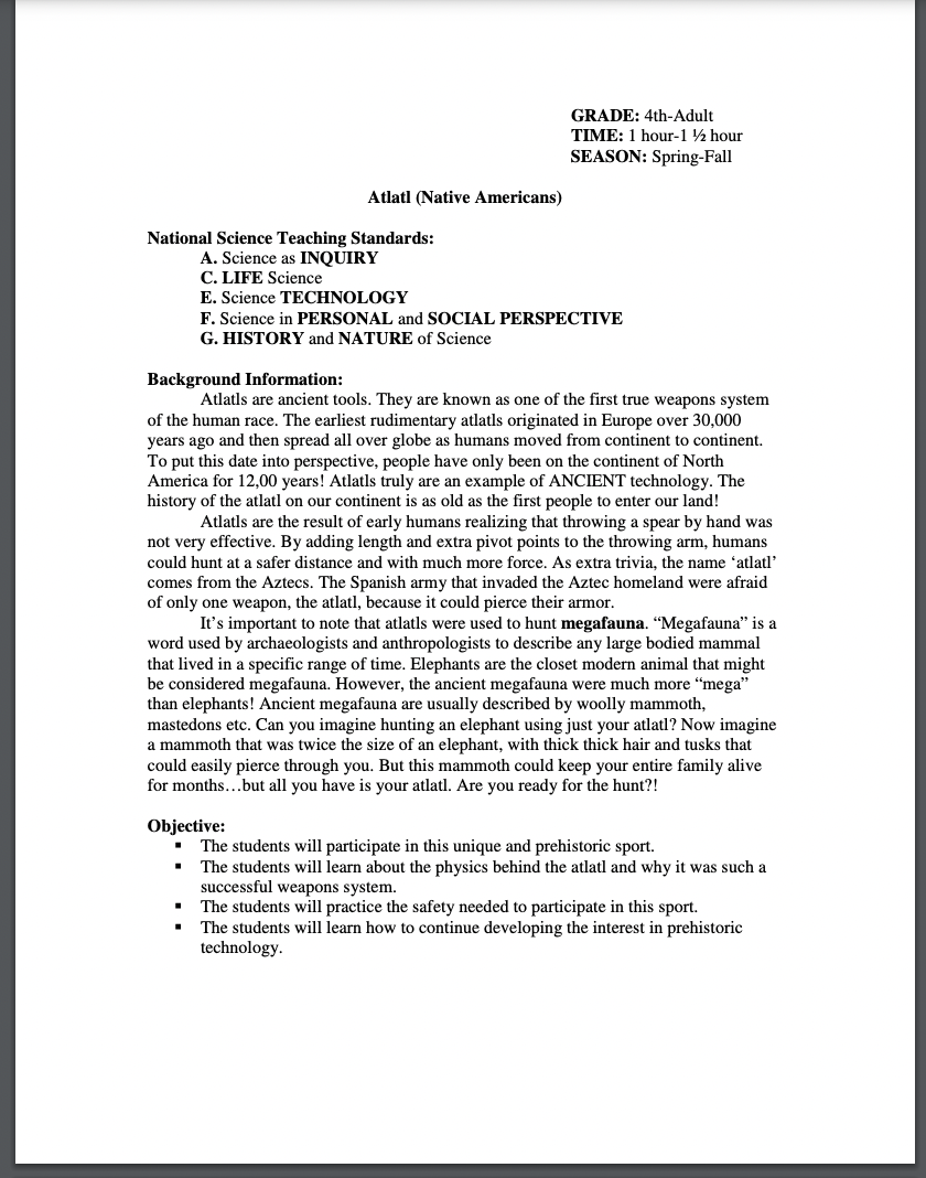 Atlatl (Native Americans) Lesson Plan